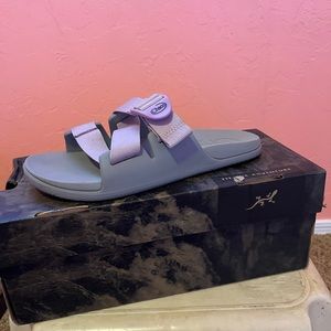 Grey and purple Chaco sandals